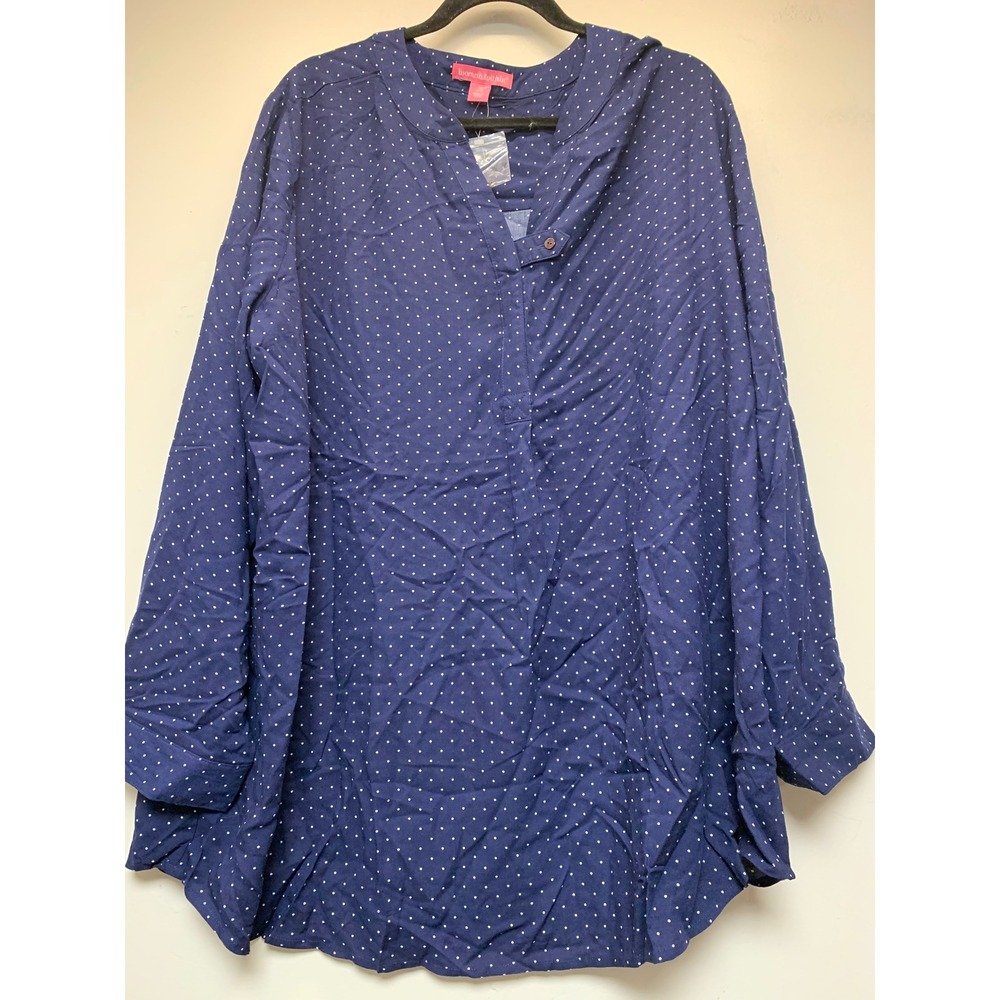 Woman Within Tunic Top Womens 1X Blue Polka Dot NWOT Rayon Long Sleeve Henley